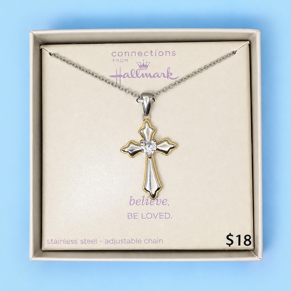 Hallmark Connections CZ Cross Necklace Gold Tone Stainless Steel 18" NIB -2784